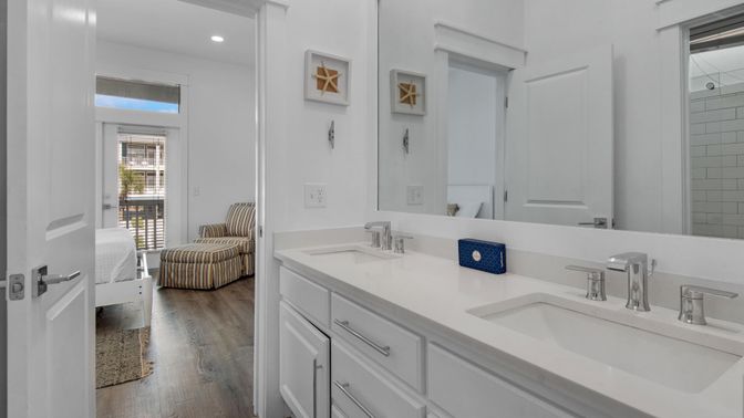Bathroom, Dual Sink Vanities, Interior, Recessed Lighting, Wood Texture Flooring