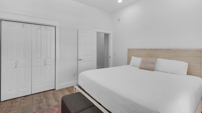 Bedroom, Interior, Recessed Lighting, Wood Texture Flooring