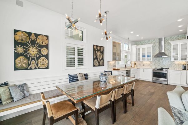 Dining room, Interior, Kitchen, Pendant Lights, Recessed Lighting, Stainless Steel Appliances, Wood Texture Flooring
