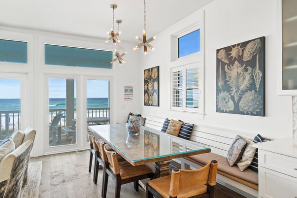 Dining room, Interior, Pendant Lights, Water, Wood Texture Flooring