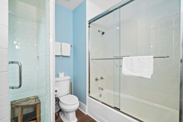Bathroom, Glass Shower, Interior, Wood Texture Flooring