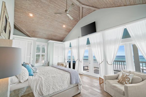 Bedroom, Interior, Recessed Lighting, Water, Wooden Ceilings, Wood Texture Flooring