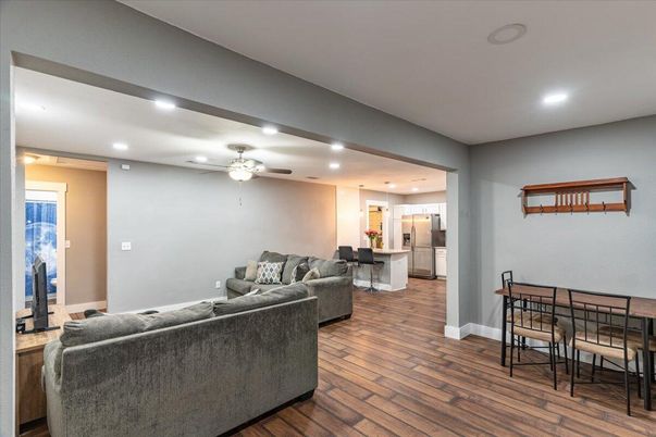 Dining room, Interior, Kitchen, Living room, Recessed Lighting, Wood Texture Flooring