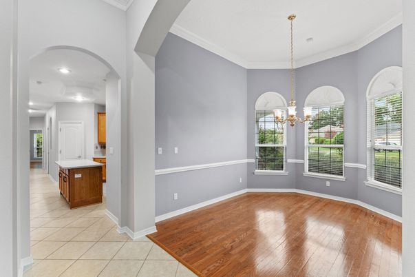 Chandelier, Empty room, Interior, Recessed Lighting, Wood Texture Flooring