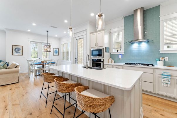 Dining room, Interior, Kitchen, Pendant Lights, Recessed Lighting, Stainless Steel Appliances, Wood Texture Flooring