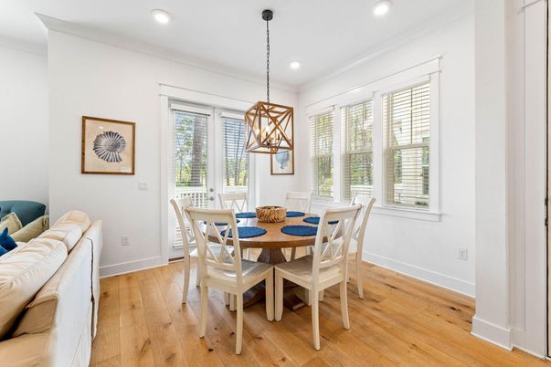Dining room, Interior, Pendant Lights, Recessed Lighting, Wood Texture Flooring