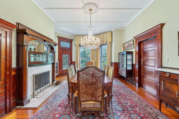 Chandelier, Dining room, Fireplace, Interior, Wood Texture Flooring
