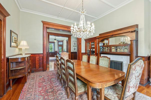 Chandelier, Dining room, Fireplace, Interior, Wood Texture Flooring