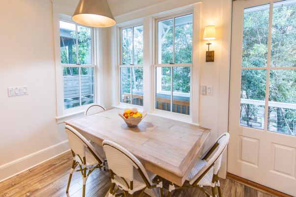 Dining room, Interior, Pendant Lights, Wood Texture Flooring