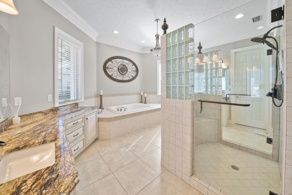 Bathroom, Dual Sink Vanities, Glass Shower, Interior, Recessed Lighting
