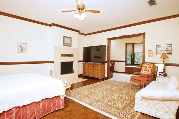 Bedroom, Fireplace, Interior, Wood Texture Flooring
