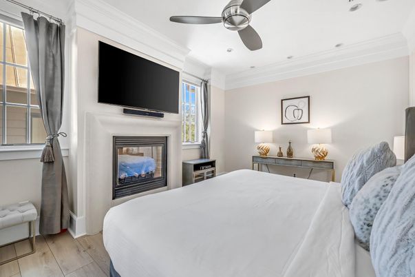 Bedroom, Fireplace, Interior, Wood Texture Flooring