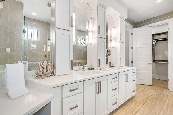 Bathroom, Dual Sink Vanities, Glass Shower, Interior, Recessed Lighting, Wood Texture Flooring