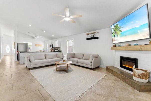 Fireplace, Interior, Kitchen, Living room, Recessed Lighting