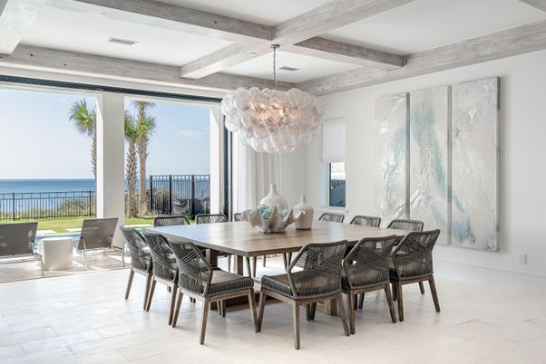 Chandelier, Dining room, Interior, Water, Wooden Beams
