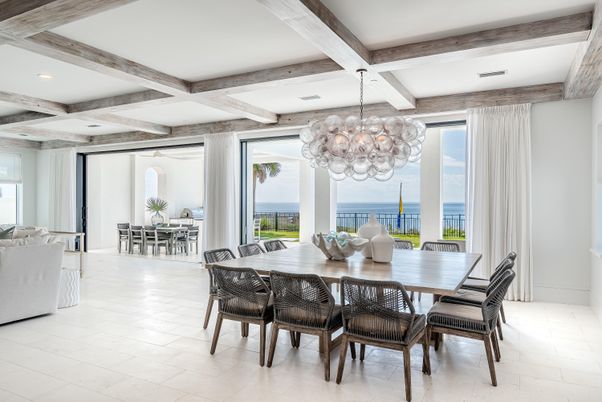 Chandelier, Dining room, Interior, Recessed Lighting, Water, Wooden Beams