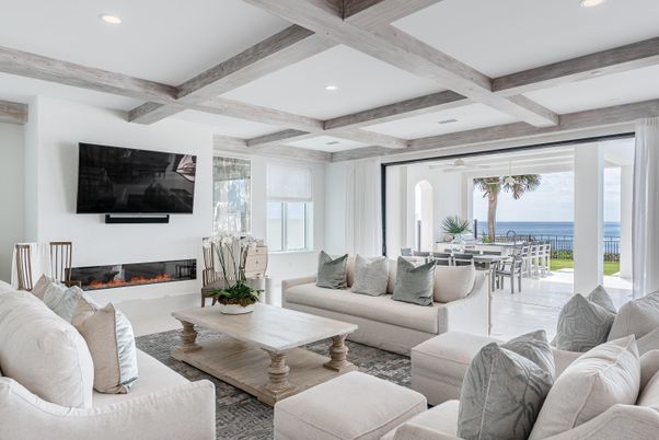 Dining room, Fireplace, Interior, Living room, Recessed Lighting, Water, Wooden Beams
