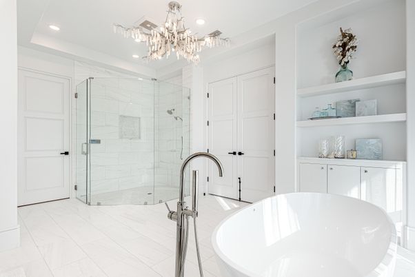 Bathroom, Chandelier, Free Standing Baths, Glass Shower, Interior, Marble, Marble Walls, Recessed Lighting