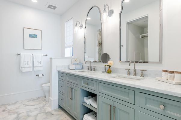 Bathroom, Dual Sink Vanities, Interior, Marble, Recessed Lighting