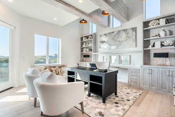 Home Office, Interior, Recessed Lighting, Wooden Beams, Wood Texture Flooring
