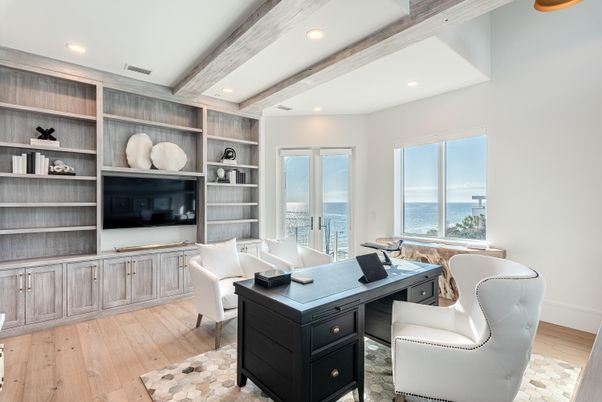 Home Office, Interior, Recessed Lighting, Water, Wooden Beams, Wood Texture Flooring