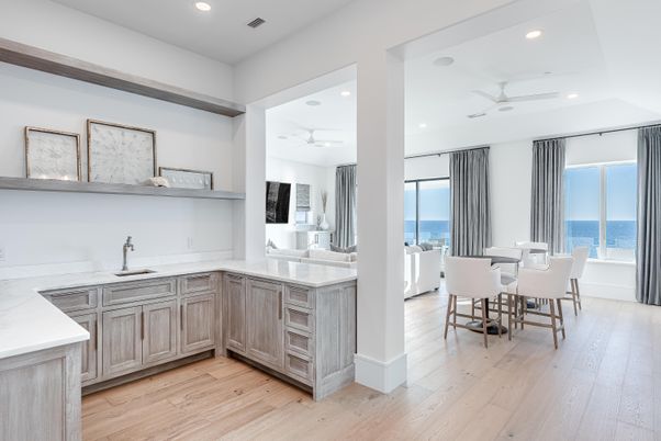 Dining room, Interior, Kitchen, Recessed Lighting, Water, Wood Texture Flooring