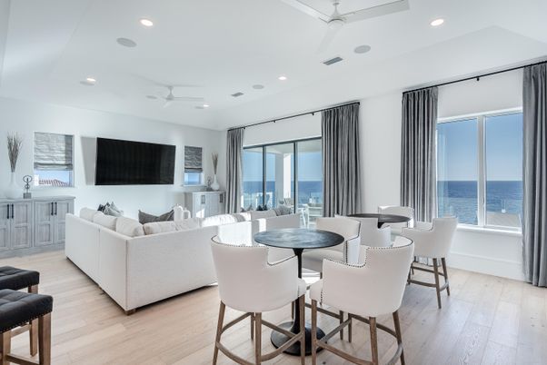 Dining room, Interior, Living room, Recessed Lighting, Water, Wood Texture Flooring