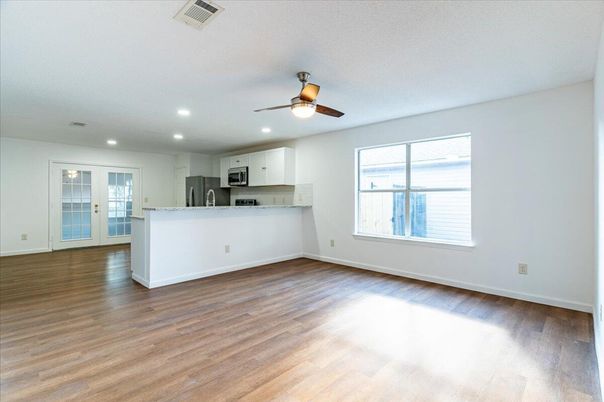 Empty room, Interior, Kitchen, Recessed Lighting, Wood Texture Flooring