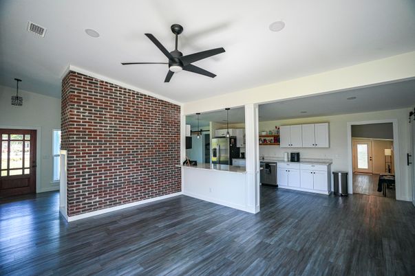 Empty room, Interior, Kitchen, Stone Walls, Wood Texture Flooring