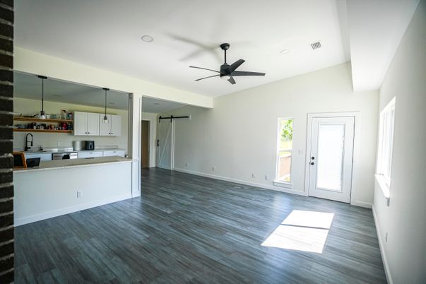 Empty room, Interior, Kitchen, Pendant Lights, Recessed Lighting, Wood Texture Flooring