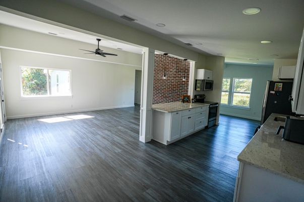 Empty room, Interior, Kitchen, Recessed Lighting, Stone Walls, Wood Texture Flooring