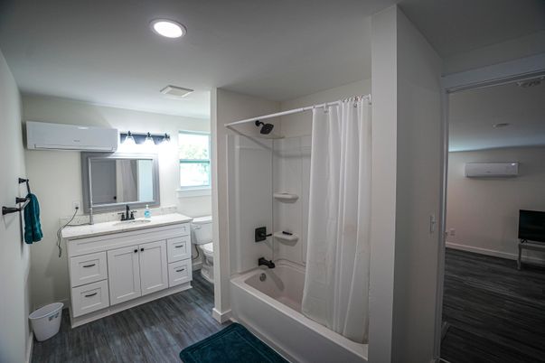 Bathroom, Interior, Recessed Lighting, Wood Texture Flooring