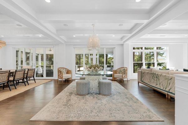 Chandelier, Dining room, Interior, Living room, Recessed Lighting, Wood Texture Flooring