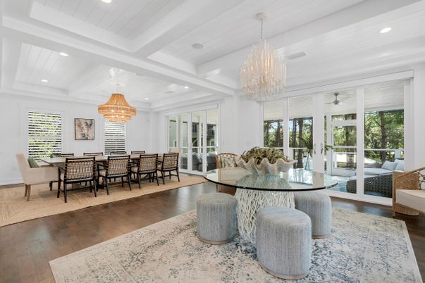 Chandelier, Dining room, Interior, Recessed Lighting, Wood Texture Flooring