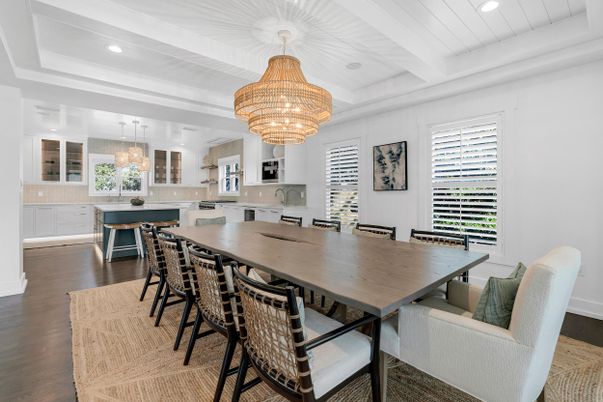Chandelier, Dining room, Interior, Kitchen, Recessed Lighting, Wood Texture Flooring