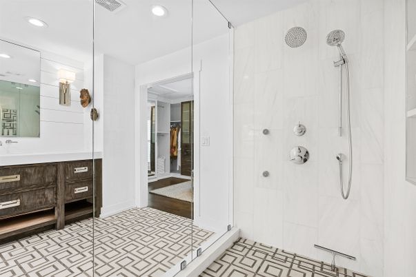 Bathroom, Glass Shower, Interior, Marble Walls, Recessed Lighting, Wood Texture Flooring