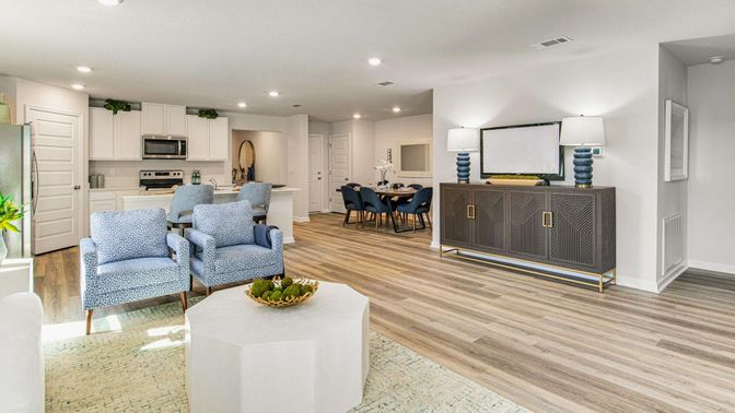Dining room, Interior, Kitchen, Living room, Recessed Lighting, Stainless Steel Appliances, Wood Texture Flooring