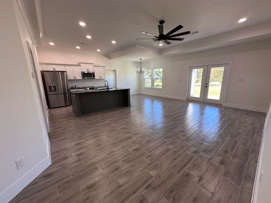Chandelier, Interior, Kitchen, Recessed Lighting, Stainless Steel Appliances, Wood Texture Flooring