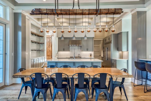 Dining room, Interior, Kitchen, Pendant Lights, Recessed Lighting, Stainless Steel Appliances, Wood Texture Flooring
