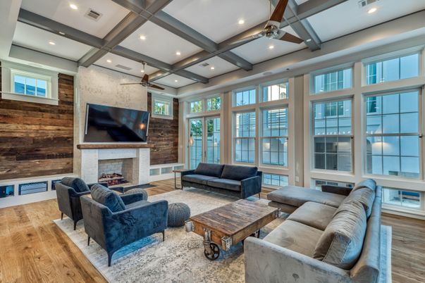 Fireplace, Interior, Living room, Recessed Lighting, Stone Walls, Wood Texture Flooring, Wooden Walls