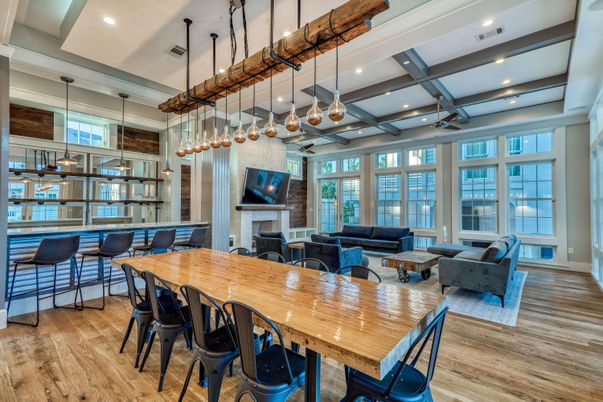 Dining room, Fireplace, Interior, Living room, Pendant Lights, Recessed Lighting, Wood Texture Flooring