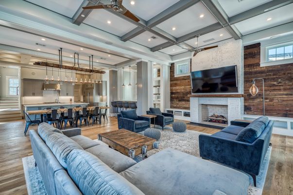 Dining room, Fireplace, Interior, Kitchen, Living room, Pendant Lights, Recessed Lighting, Stone Walls, Wood Texture Flooring
