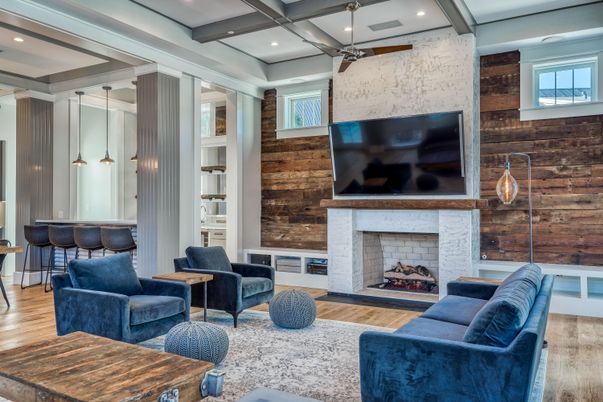 Fireplace, Interior, Living room, Pendant Lights, Recessed Lighting, Wooden Beams, Wood Texture Flooring, Wooden Walls