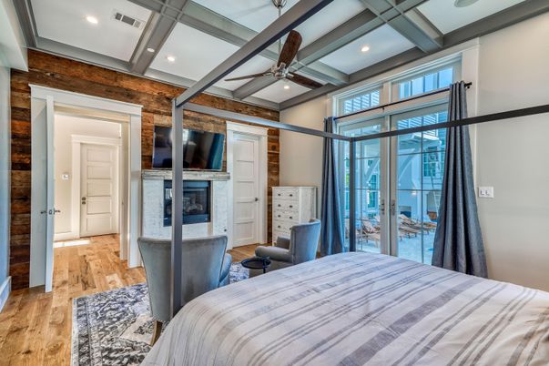 Bedroom, Fireplace, Interior, Recessed Lighting, Wood Texture Flooring