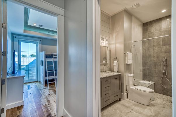 Bathroom, Interior, Recessed Lighting, Wood Texture Flooring