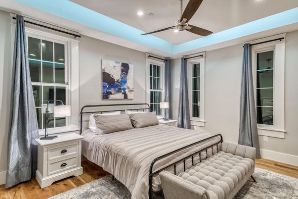 Bedroom, Interior, Recessed Lighting, Wood Texture Flooring