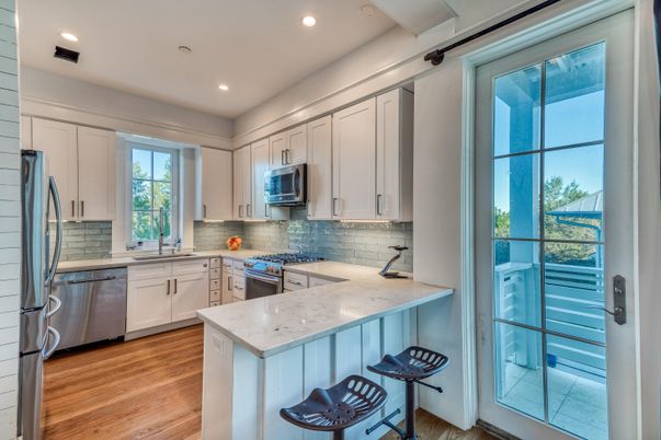 Interior, Kitchen, Recessed Lighting, Stainless Steel Appliances, Wood Texture Flooring