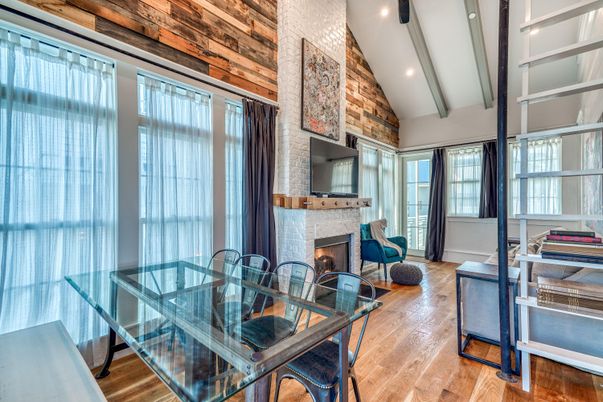 Dining room, Fireplace, Interior, Recessed Lighting, Stone Walls, Wood Texture Flooring, Wooden Walls