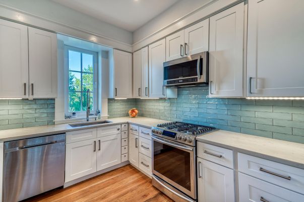 Interior, Kitchen, Recessed Lighting, Stainless Steel Appliances, Wood Texture Flooring