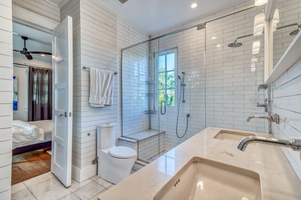 Bathroom, Bedroom, Glass Shower, Interior, Recessed Lighting, Wood Texture Flooring